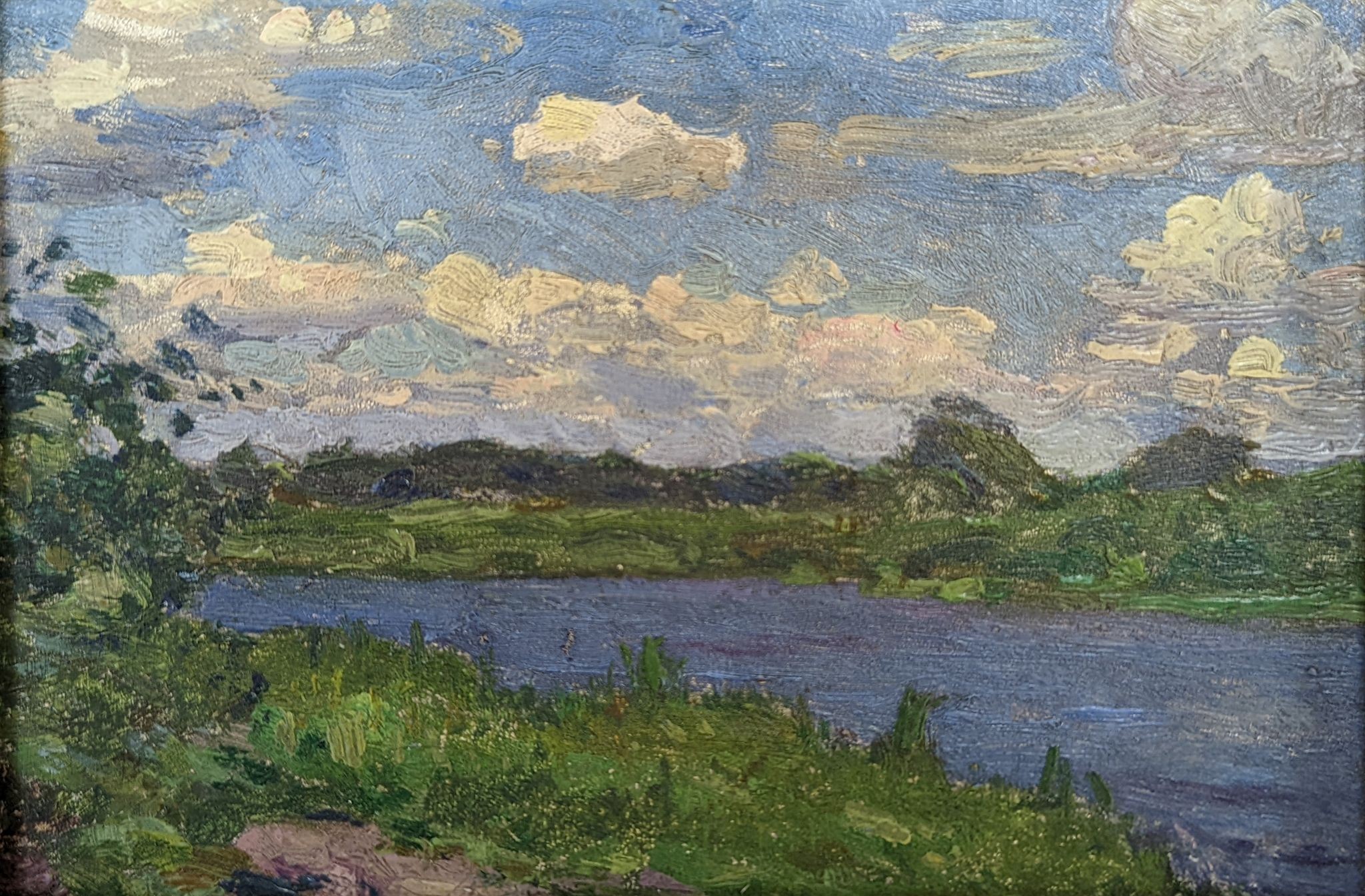 Manner of Paul Maze (1887-1979), oil on board, River landscape, 11 x 16.5cm